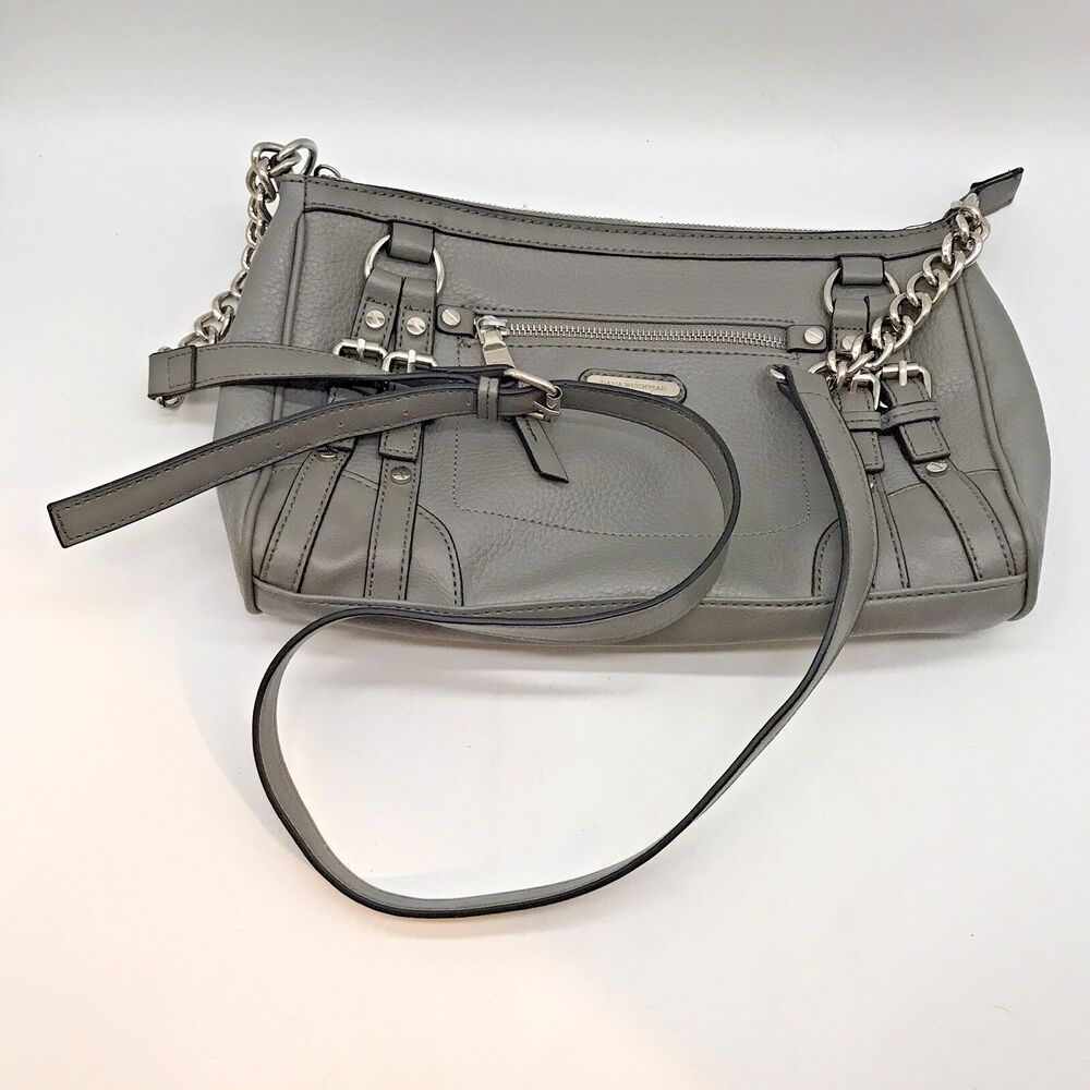 Dana Buchman Gray Crossbody Bag Faux Leather Device Pocket Zip Top Buckles Chain